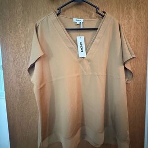 DKNY V-Neck Short Sleeve Blouse - Camel